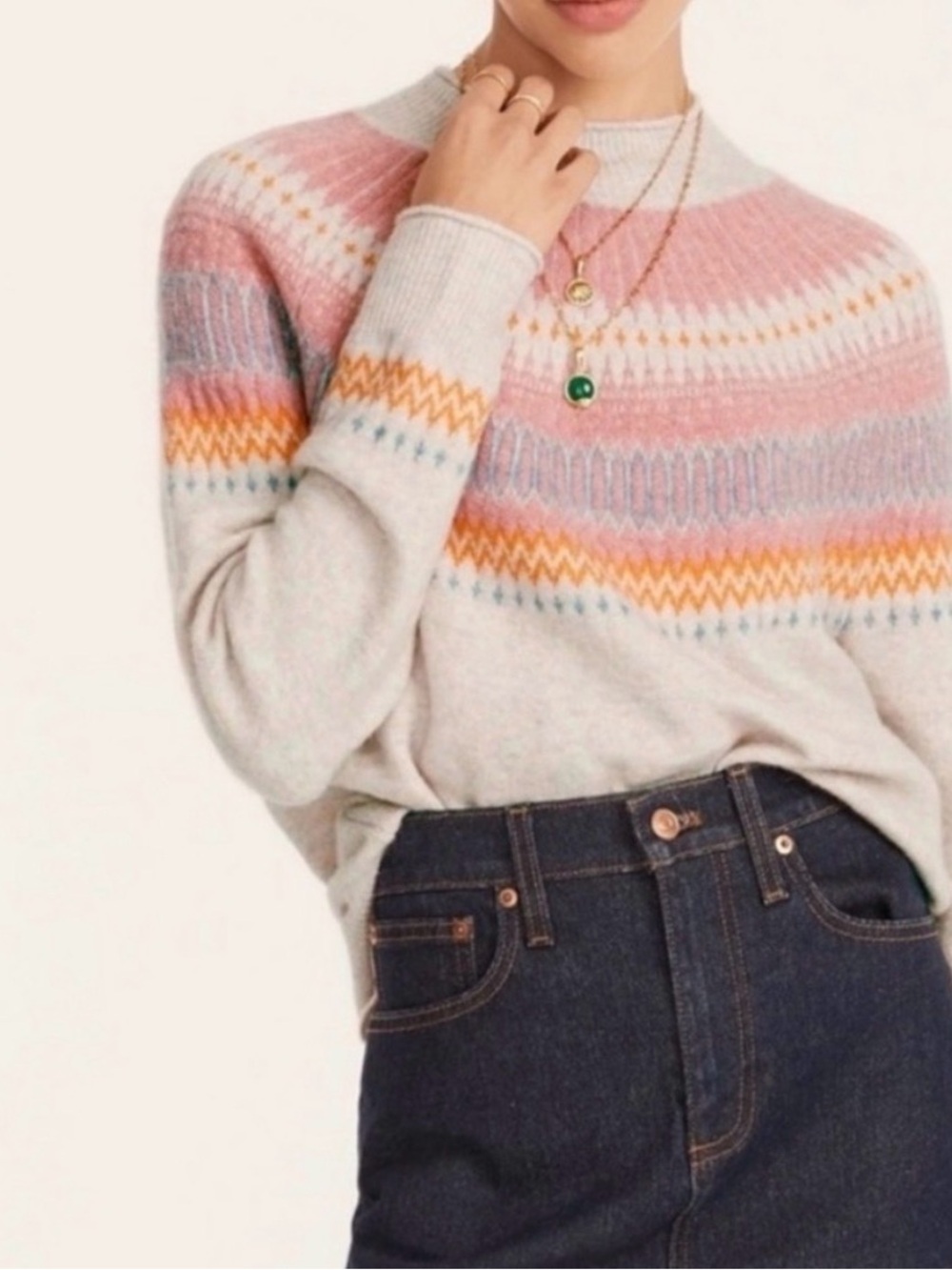 J. Crew Fair Isle Crewneck Sweater in Pink, Orange & Blue